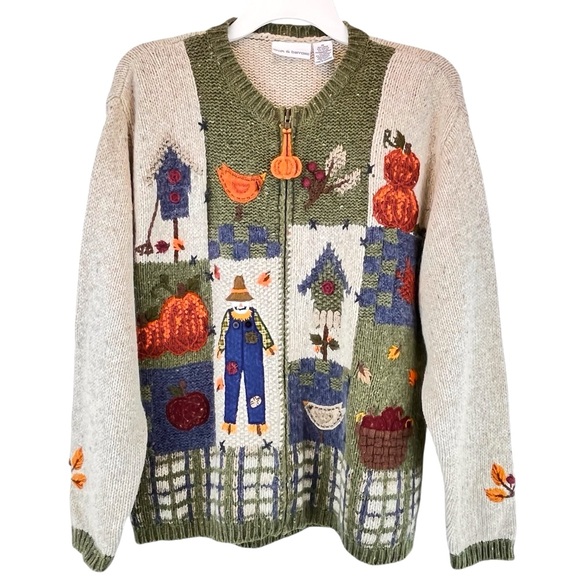 VTG Novelty Fall Time Zip Up Knit Sweater Cardigan Pumpkins Leaves Apples Sz M - Picture 1 of 14